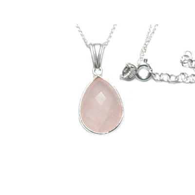 Pendentif Goutte Pierre Facettée en Quartz Rose Monture et Chainette en Argent 925