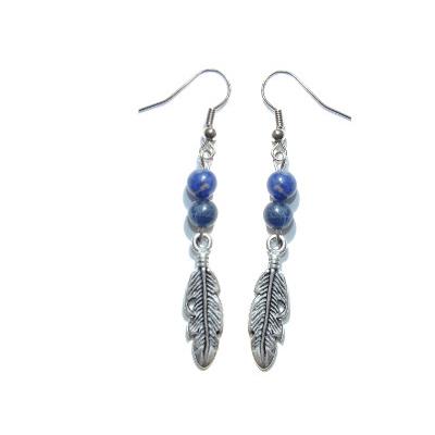 Boucles d'Oreilles Création en Pierres Boules de Sodalite (6 mm) Plumes Argentées