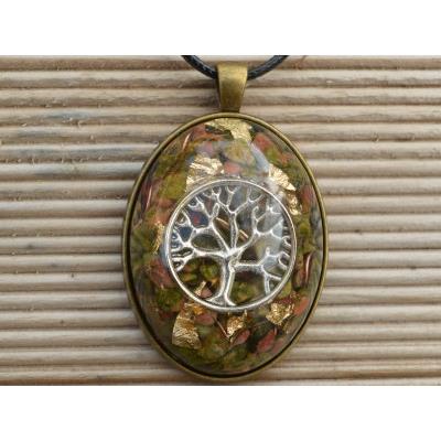 Orgonite Pendentif Cabochon Ovale 40x30 Pierre Unakite Arbre de Vie et Feuilles d'Or Pièce Unique N°UNAORG4030-1