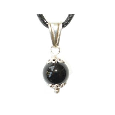 Pendentif Pierre Boule de 8mm en Agate Noire Montage et Bélière en Argent 925