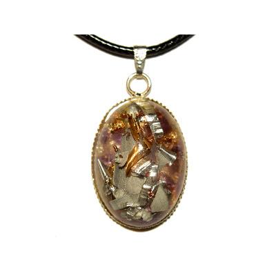 Pendentif Orgonite Cabochon Ovale 25x18 mm Améthyste et Feuilles d'Or Pièce Unique N°25AM1