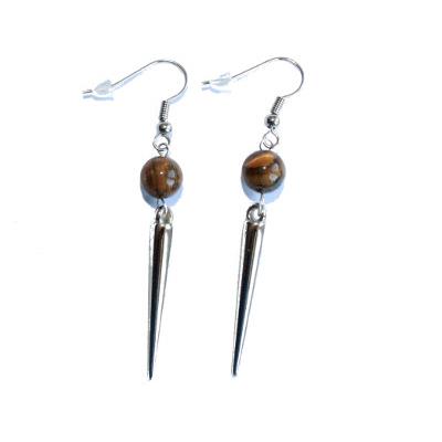 Boucles d'Oreilles Pierre Boule 8 mm en Oeil de Tigre Pointe Couleur argenté