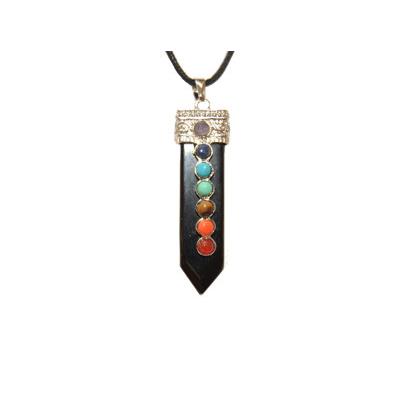 7 Chakras Pendentif pointe 4 à 5 cm en Agate Noire ou Onyx Montage Argenté