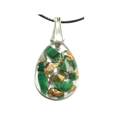 Pendentif Orgonite Goutte 30x20 mm Malachite et Feuilles d'Or Bélière Argent 925 Pièce Unique N°MALA-925-1