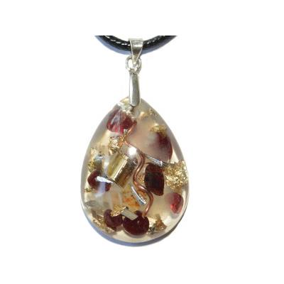 Pendentif Orgonite Goutte 30x20 mm Grenat Pierre de Lune et Feuilles d'Or Bélière Argent 925 Pièce Unique N°GRELUN-925-1