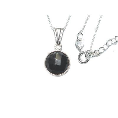 Pendentif Rond Pierre Facettée en Agate noire Monture et Chainette en Argent 925