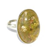 Bague Orgonite Cabochon Ovale 25x18 mm Péridot et Feuilles d'Or Support Argent 925 Pièce Unique N° BOA-PER-1