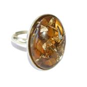 Bague Orgonite Cabochon Ovale 25x18 mm Oeil de Tigre et Feuilles d'Or Support Argent 925 Pièce Unique N° BOA-TIG-4