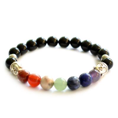 Bracelet 7 Chakras Pierres Boules d'Agate Noire 8 mm et Bouddha