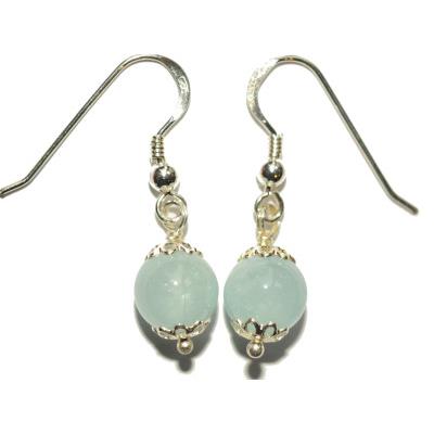 Boucles Crochets d'Oreilles Pierre Boule de 8mm en Aigue Marine Monture en Argent 925