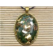 Orgonite Pendentif Cabochon Ovale 40x30 Aventurine Verte et Feuilles d'Or Pièce Unique N°AVTORG4030-1