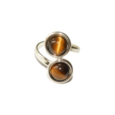 Bague en Argent Double Cabochons Ronds de 8mm en Pierre d'Oeil de Tigre