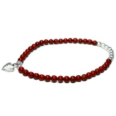 Bracelet en Pierres Boules de Jaspe Rouge 4 mm Perles et Coeur en Argent 925