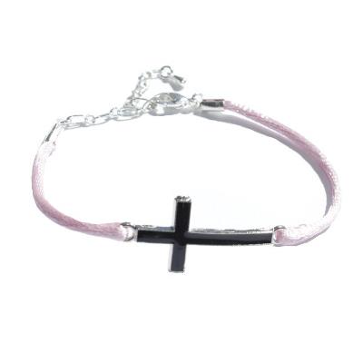 Bracelet Réglable Croix Noire Cordon Rose