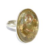 Bague Orgonite Cabochon Ovale 25x18 mm Labradorite et Feuilles d'Or Support Argent 925 Pièce Unique N° BOA-LABRA