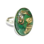 Bague Orgonite Cabochon Ovale 25x18 mm Malachite et Feuilles d'Or Support Argent 925 Pièce Unique N° BOA-MAL-2