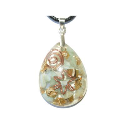 Pendentif Orgonite Goutte 30x20 mm Larimar et Feuilles d'Or Bélière Argent 925 Pièce Unique N°LARI-925-3