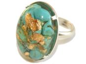 Bague Orgonite Cabochon Ovale 25x18 mm Turquoise et Feuilles d'Or Support Argent 925 Pièce Unique N° BOA-TURQ-1