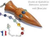 Pendule Amon en Bois d'Olivier Cabochons Aux Couleurs des 7 Chakras Pièce Unique N°AMOLCHA-2