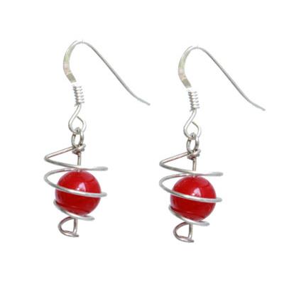 Boucles d'Oreilles Pierre Boule en Corail Rouge Spirale Argent 925