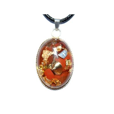 Pendentif Orgonite Cabochon Ovale 25x18 mm Jaspe Rouge et Feuilles d'Or Pièce Unique N°25JSPR-1