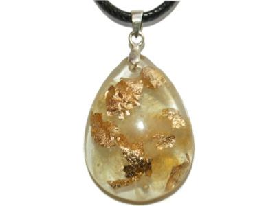 Pendentif Orgonite Goutte 30x20 mm Citrine et Feuilles d'Or Bélière Argent 925 Pièce Unique N°CIT-925-4