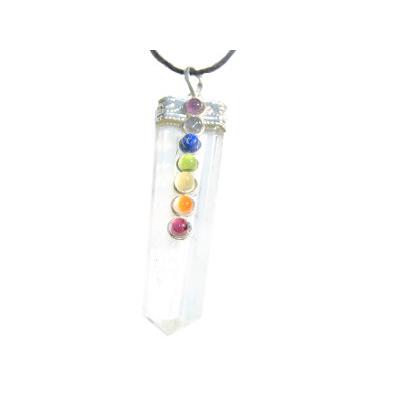 7 Chakras Pendentif Pointe 4 à 5 cm en Cristal de Roche Montage Argenté