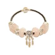 Bracelet en Quartz Rose Perles Donuts et Cubes avec Pampilles Plumes