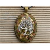 Orgonite Pendentif Cabochon Ovale 40x30 Pierre Unakite Arbre de Vie et Feuilles d'Or Pièce Unique N°UNAORG4030-1