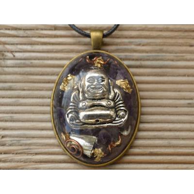 Orgonite Pendentif Cabochon Ovale 40x30 Améthyste Bouddha et Feuilles d'Or Pièce Unique N°AMTHBORG4030-1