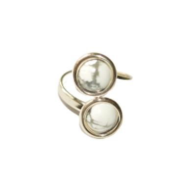 Bague en Argent Double Cabochons Ronds de 8mm en Pierre d'Howlite Blanche