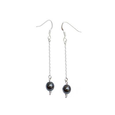 Boucles d'Oreilles Pierre Boule en Hématite (8 mm) Monture Chainette Argent 925