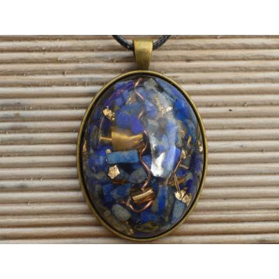 Orgonite Pendentif Cabochon Ovale 40x30 Lapis lazuli et Feuilles d'Or Pièce Unique N°LAPORG4030-1