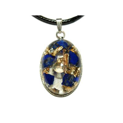 Pendentif Orgonite Cabochon Ovale 25x18 mm Lapis lazuli et Feuilles d'Or Pièce Unique N°25LAP1