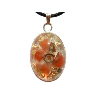 Pendentif Orgonite Cabochon Ovale 25x18 mm Cornaline et Feuilles d'Or Pièce Unique N°25cor1