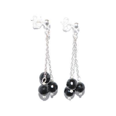 Agate Noire Clous d'Oreilles 3 Pierres Boules Facettées sur Argent 925