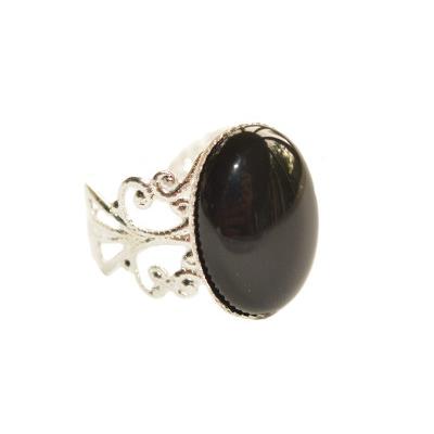 Bague Style Baroque en Agate Noire Cabochon Ovale 18x13 mm