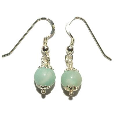 Boucles Crochets d'Oreilles Pierre Boule de 8mm en Amazonite Monture en Argent 925