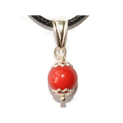 Pendentif Pierre Boule de 8mm en Corail Montage et Bélière en Argent 925