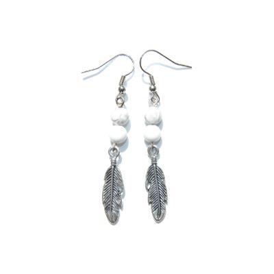 Boucles d'Oreilles Création en Pierres Boules d'Howlite Blanche (6 mm) Plumes Argentées