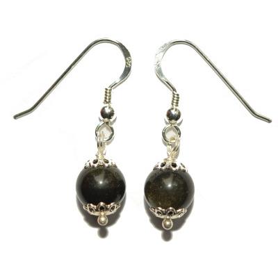 Boucles Crochets d'Oreilles Pierre Boule de 8mm en Obsidienne Oeil Céleste Monture en Argent 925