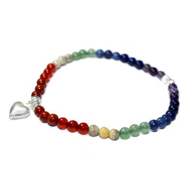 Bracelet 7 Chakras en Pierre Boule 4 mm Perles et Coeur en Argent 925