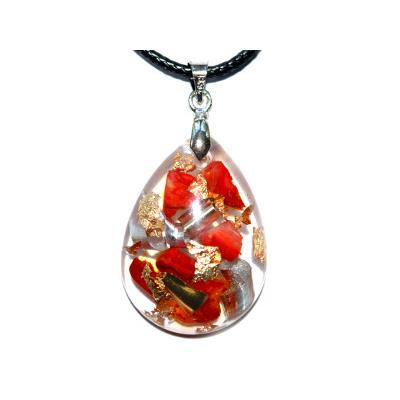 Pendentif Orgonite Goutte 30x20 mm Corail et Feuilles d'Or Pièce Unique N°3020corail-1