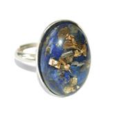 Bague Orgonite Cabochon Ovale 25x18 mm Lapis Lazuli et Feuilles d'Or Support Argent 925 Pièce Unique N° BOA-LAPIS-3