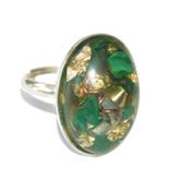 Bague Orgonite Cabochon Ovale 25x18 mm Malachite et Feuilles d'Or Support Argent 925 Pièce Unique N° BOA-MAL-3