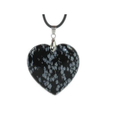 Pendentif Coeur en Obsidienne Neige 4 cm (Bélière Argentée)