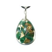 Pendentif Orgonite Goutte 30x20 mm Malachite et Feuilles d'Or Bélière Argent 925 Pièce Unique N°MALA-925-3