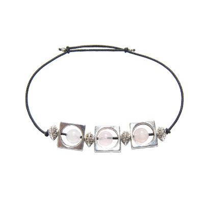 Bracelet Création en Pierres Boules de Quartz Rose (6 mm) Intercalaire carré Montage Elastique