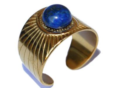 Bague en Acier Inoxydable Dorée Cabochon Pierre Ronde en Lapis Lazuli 8 mm
