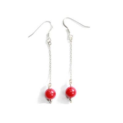 Boucles d'Oreilles Pierre Boule en Corail Rouge (8 mm) Monture Chainette Argent 925